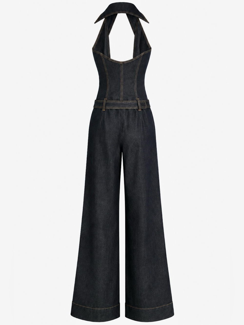Bisou Bisou Y2K Dark Denim Halter Jumpsuit Wide Leg Open Back L - Picture 4 of 13
